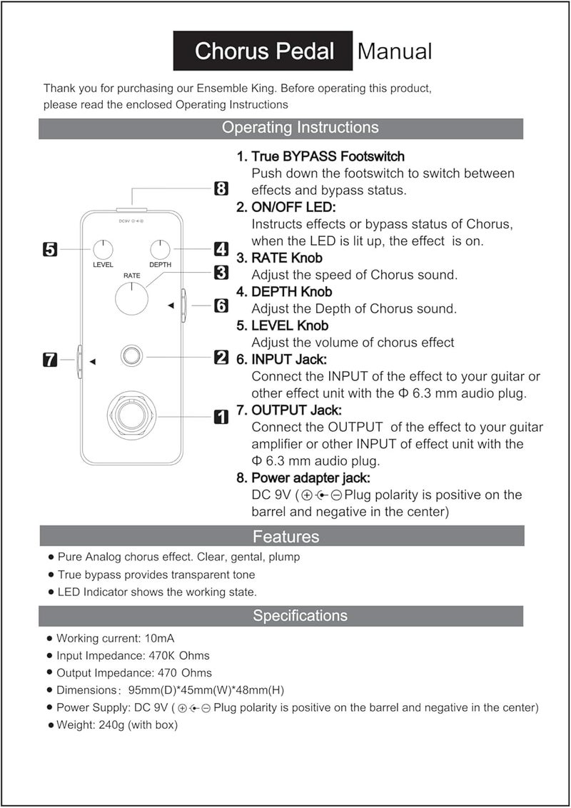 IOppWin Rowin Analog Chorus Guitar Effect Pedal - Pure Warm & Clear Spacey Chorus Sound with Metal Shell, True Bypass, Compact Design (DC 9V Powered) - Image 2